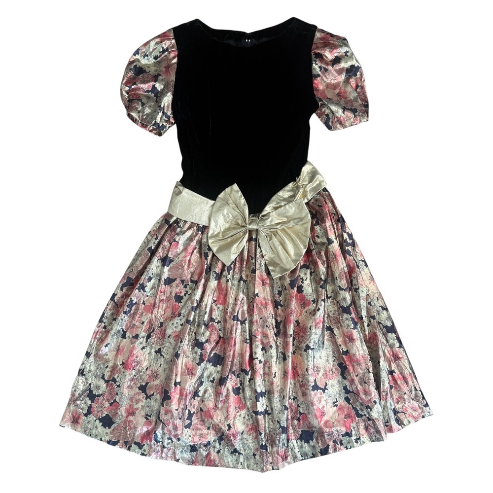 Vintage 50s Velvet Metallic Floral Party Dress Gold Bow Small Black Pink Gold
